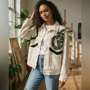 Zara Cream Denim Jacket with Black and White Fabric Design Size M